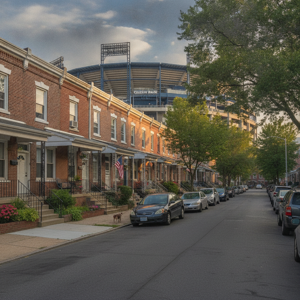 Row houses on a South Philadelphia street in the Stadium District neighborhood of Philadelphia