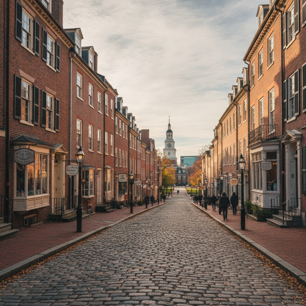 Cobblestone street in Old City, Philadelphia, with brick row houses and a view toward Independence Mall