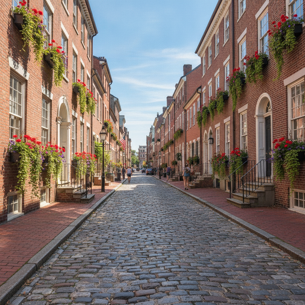 Red-brick rowhouse street in Old City, Philadelphia, with cobblestones and window boxes on a clear afternoon
