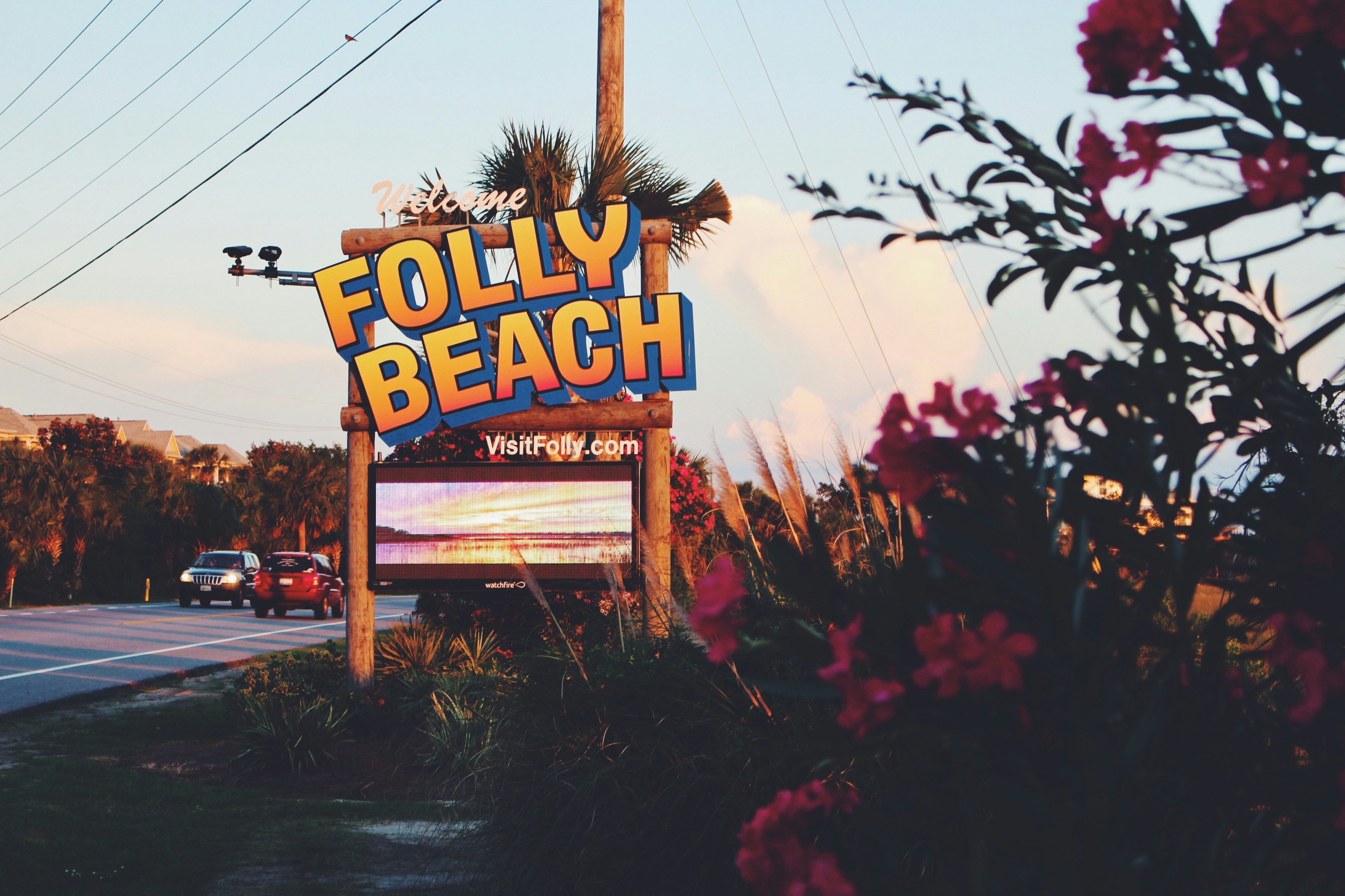 Folly Beach welcome sign at dusk, South Carolina