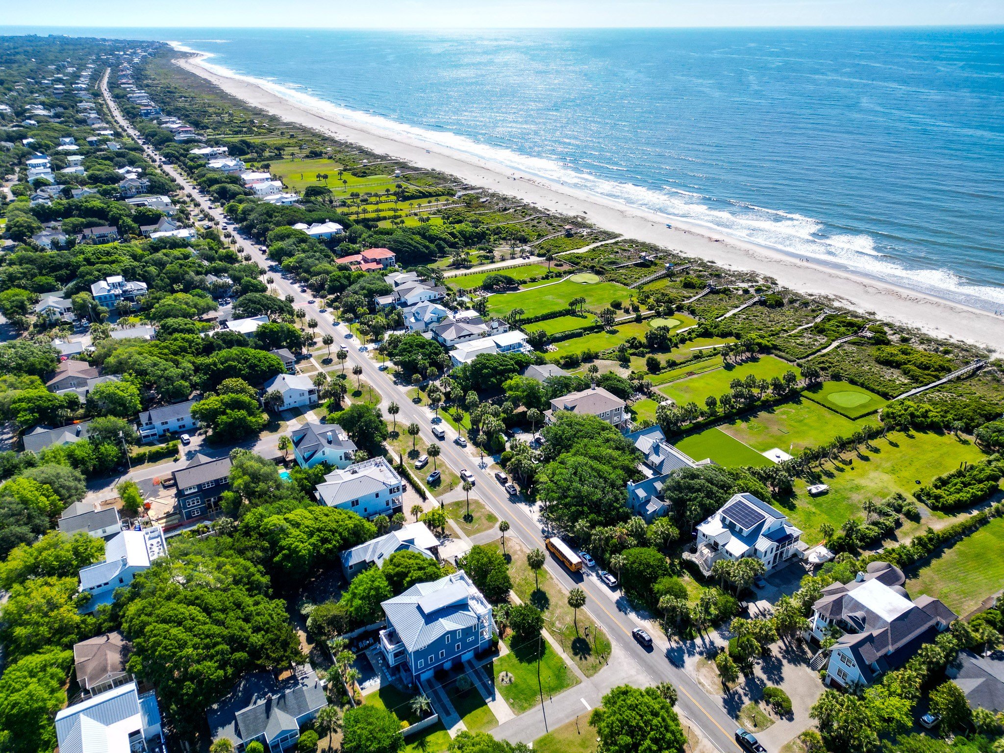 Aerial view of Isle of Palms, South Carolina, showing beachfront homes and the Atlantic coastline