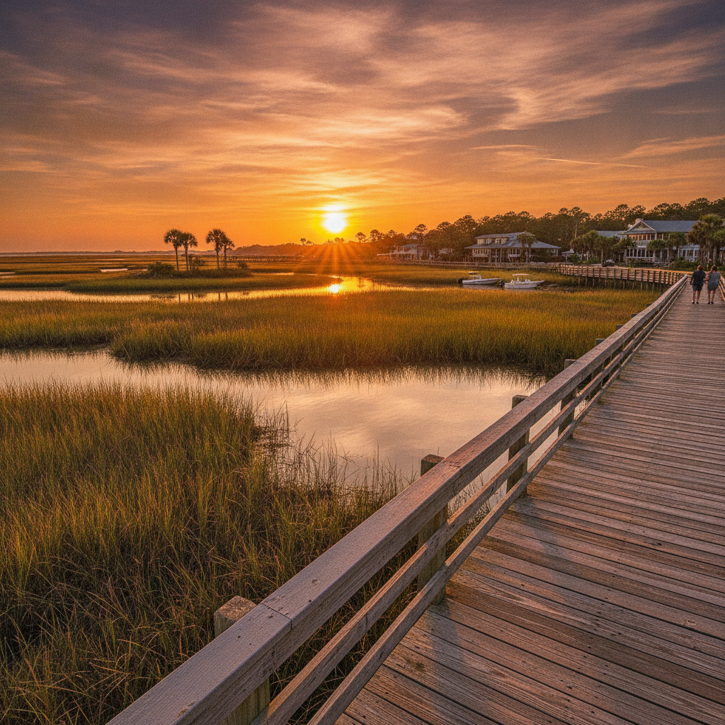 The Marsh Walk boardwalk over tidal marsh at Murrells Inlet, South Carolina, at sunset