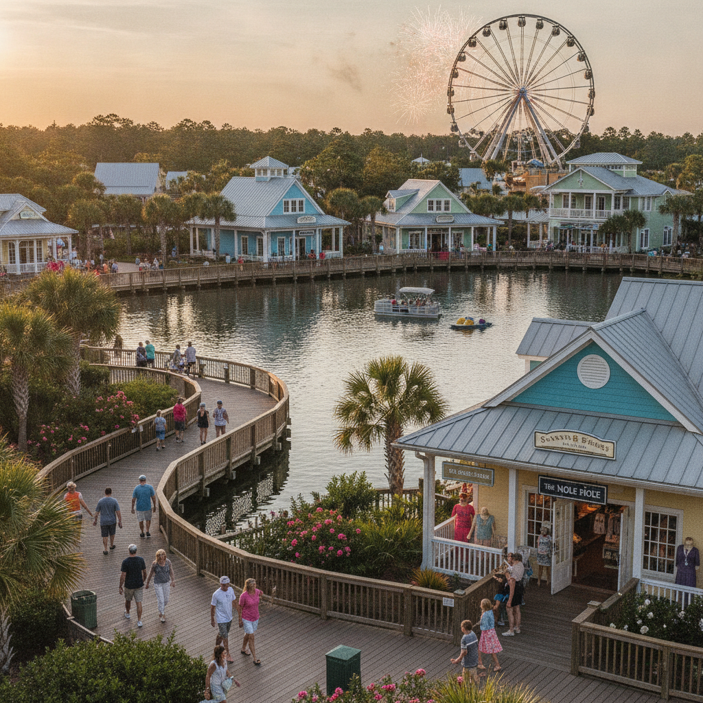 Barefoot Landing shops and boardwalk around the lake in North Myrtle Beach, South Carolina, in summer