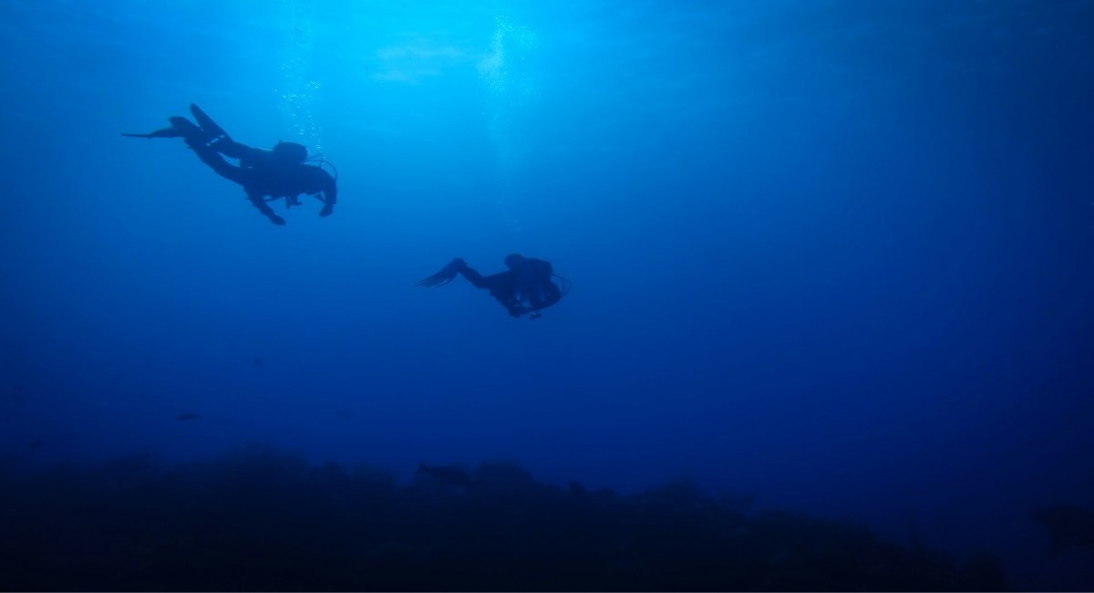 Two scuba divers exploring the deep blue waters off Grand Cayman