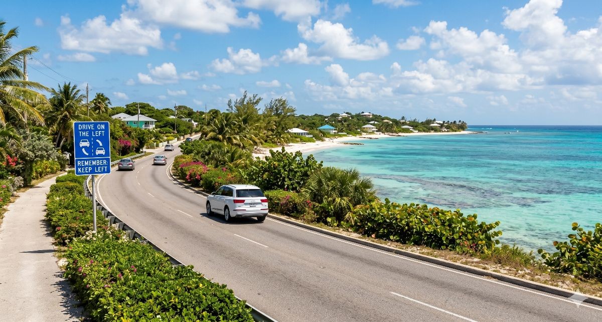 Coastal landscape of Grand Cayman featuring a winding asphalt road alongside a vibrant turquoise ocean. A white SUV is driving on the left side of the road, passing a blue traffic sign that reads "DRIVE ON THE LEFT."