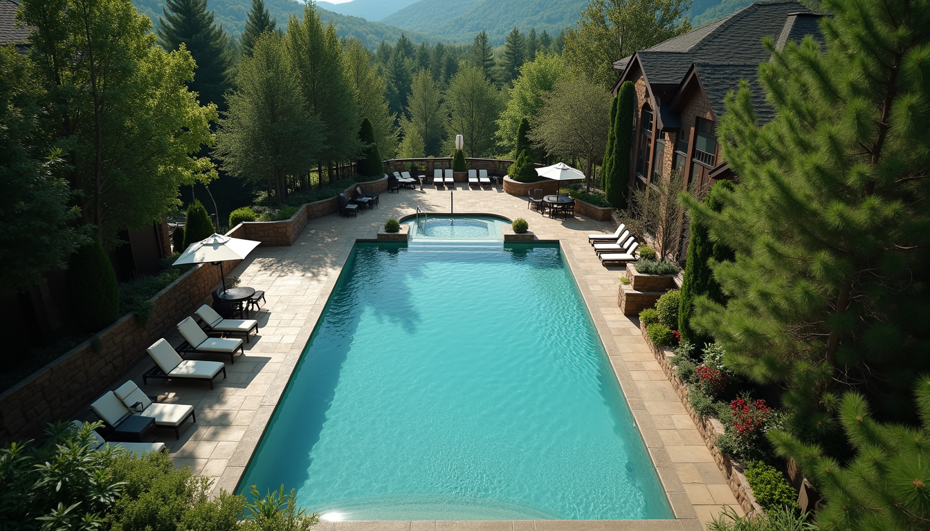 High angle view of a luxury resort pool surrounded by forest in the Poconos