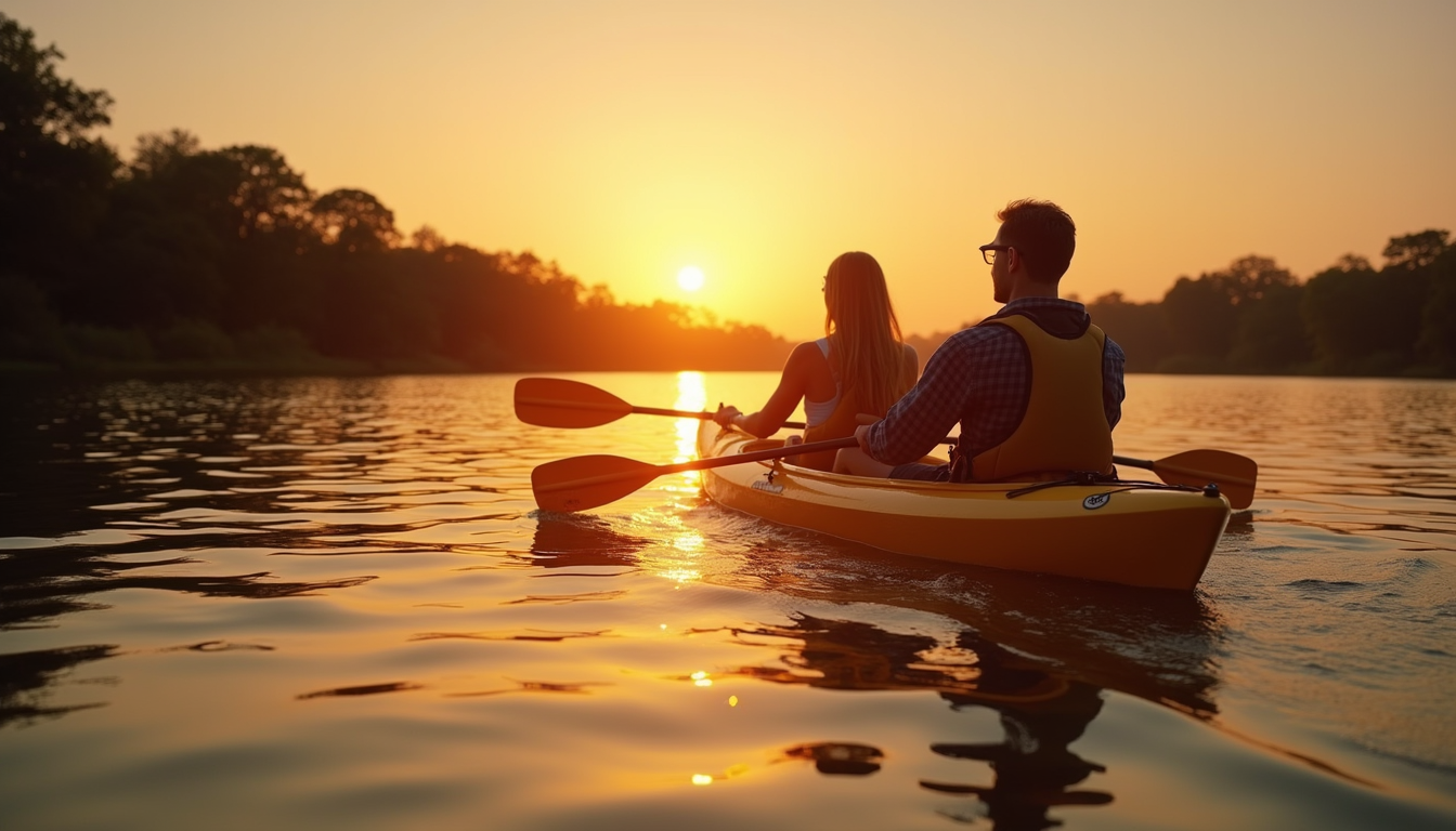 Eye-level view of a couple kayaking on Lady Bird Lake at sunset