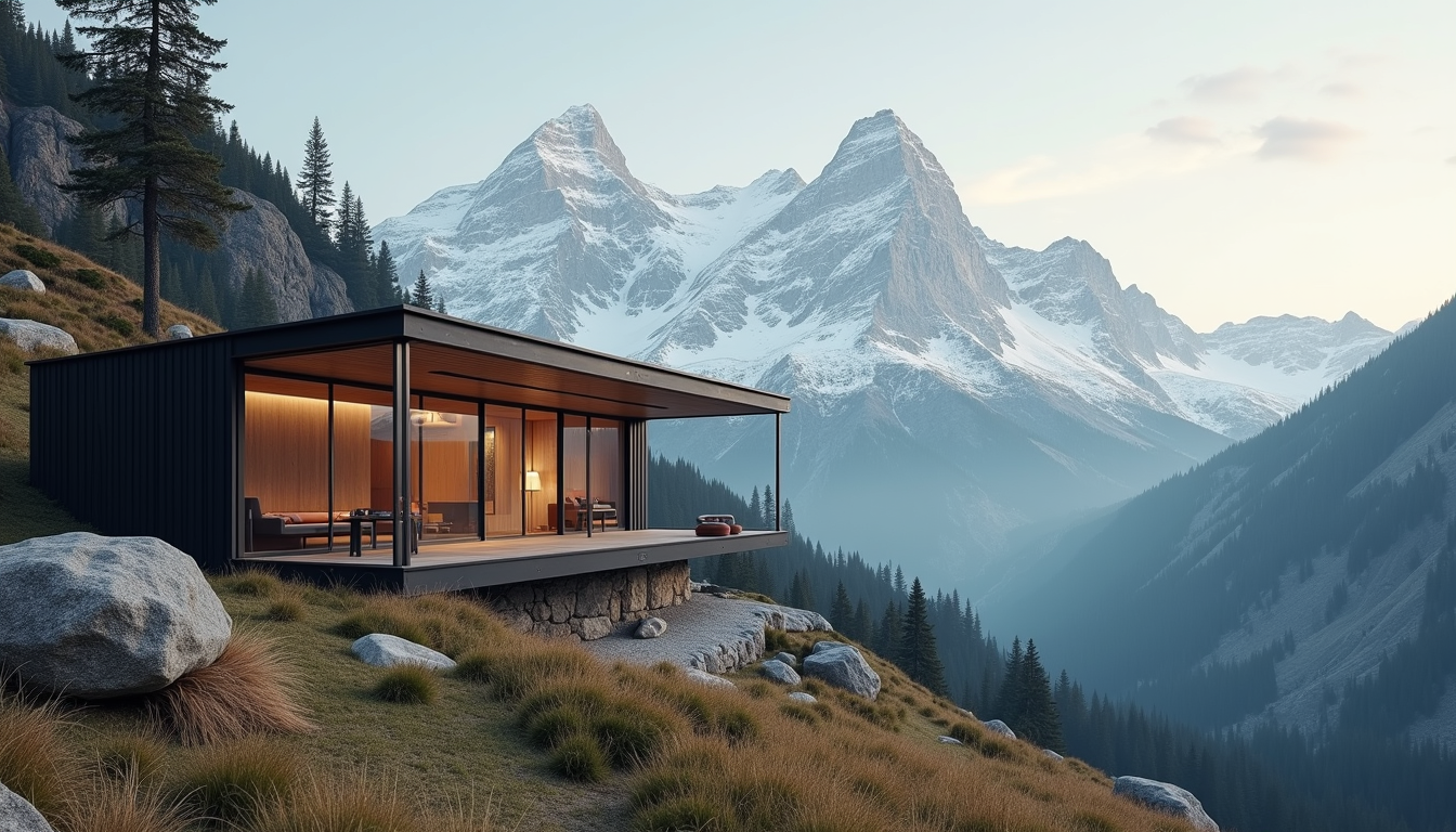Wide angle view of luxury cabin with mountain backdrop