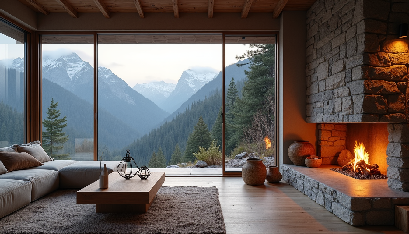 Wide angle view of a luxury cabin with a stone fireplace and mountain backdrop