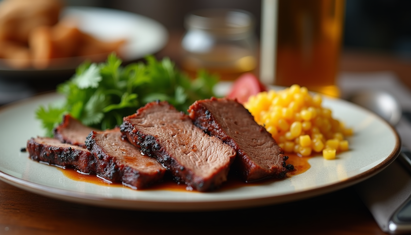 Close-up view of a gourmet dinner plate with smoked brisket and sides