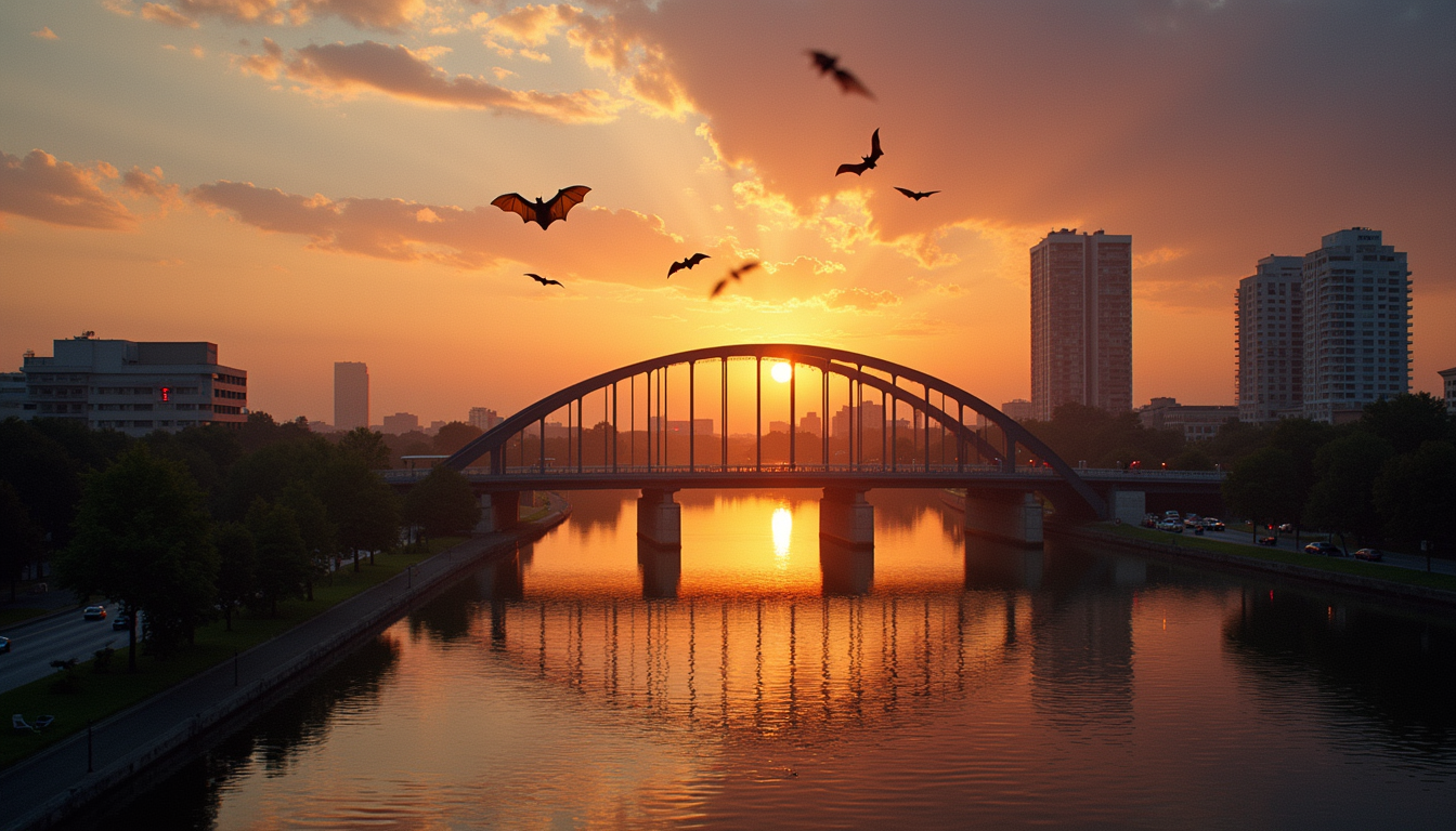 Wide angle view of Congress Avenue Bridge at sunset with bats flying overhead