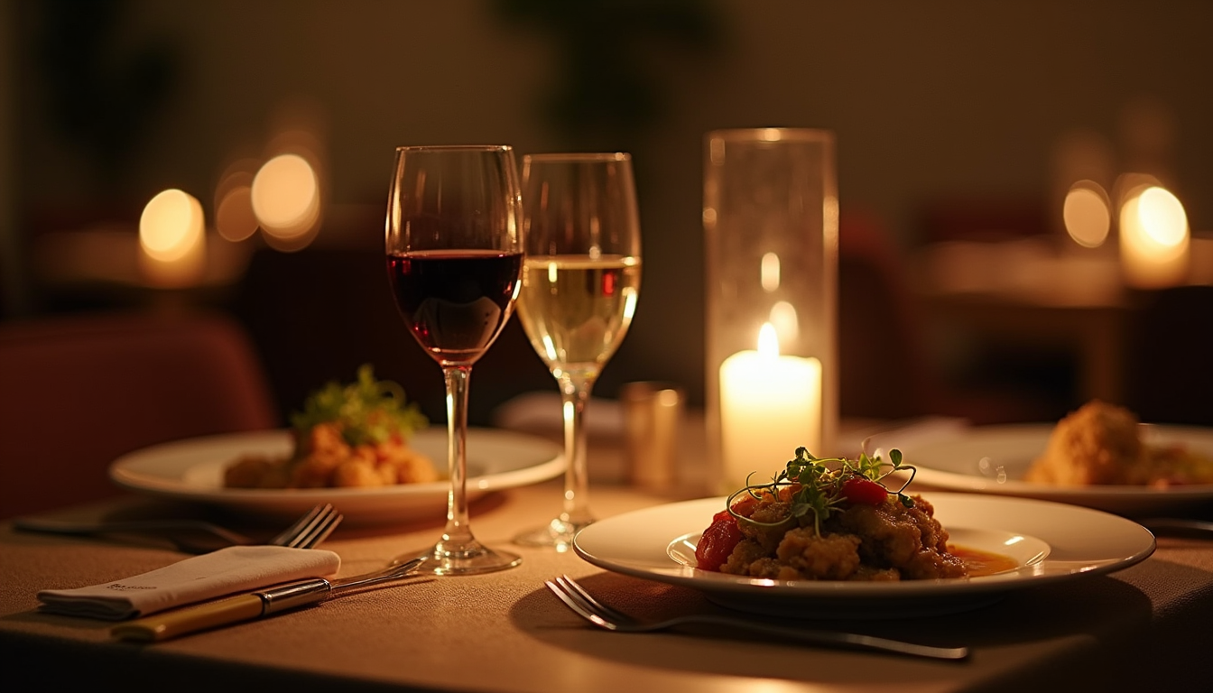 Close-up view of a candlelit table set for two with gourmet dishes