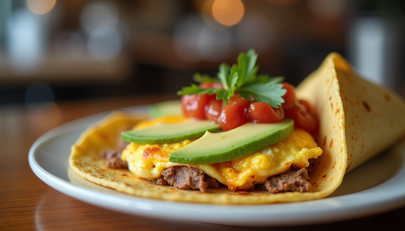 Eye-level view of a breakfast taco with fresh ingredients on a rustic wooden table