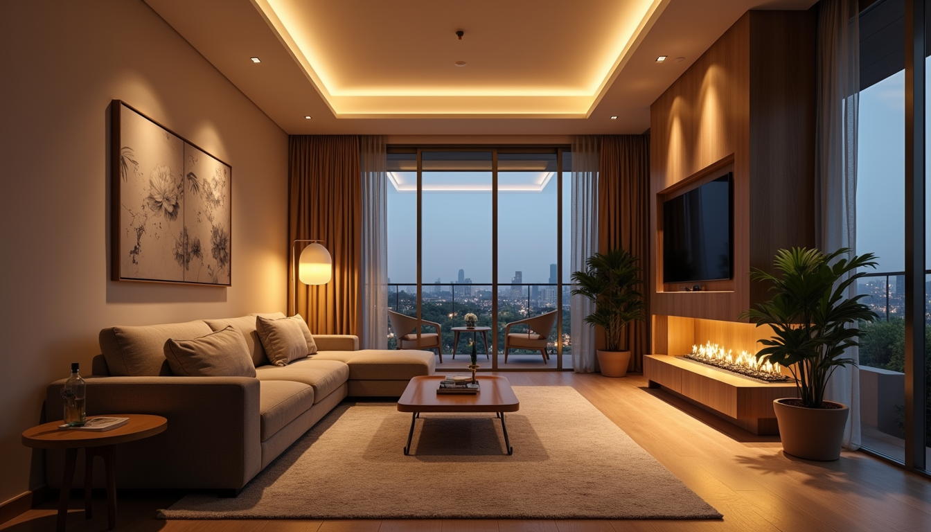 Eye-level view of a cozy luxury rental living room with warm lighting