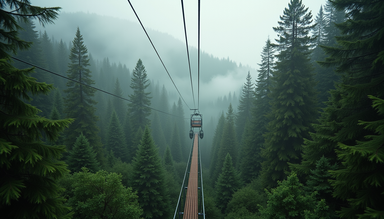 Eye-level view of zipline platform overlooking dense forest