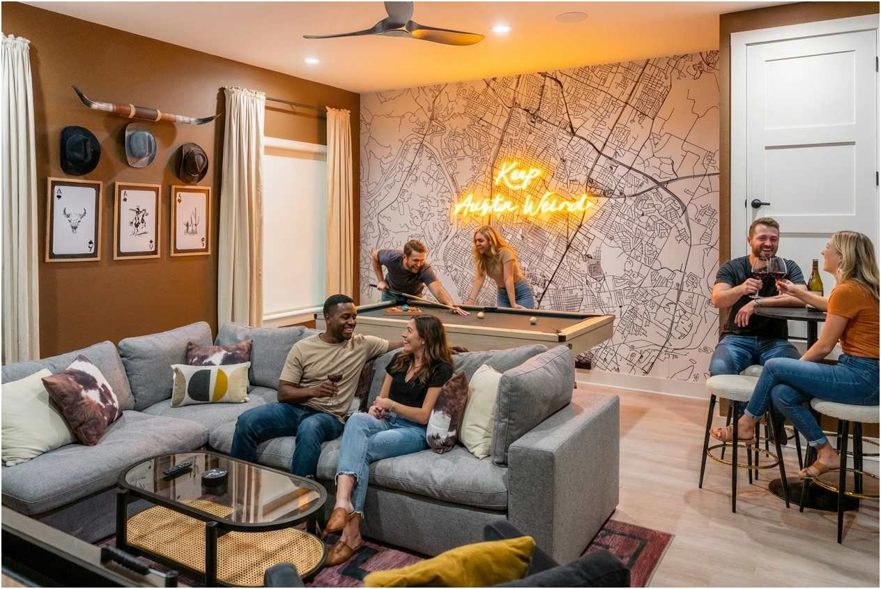 Spacious Austoria vacation rental living room with modern design and comfortable seating area