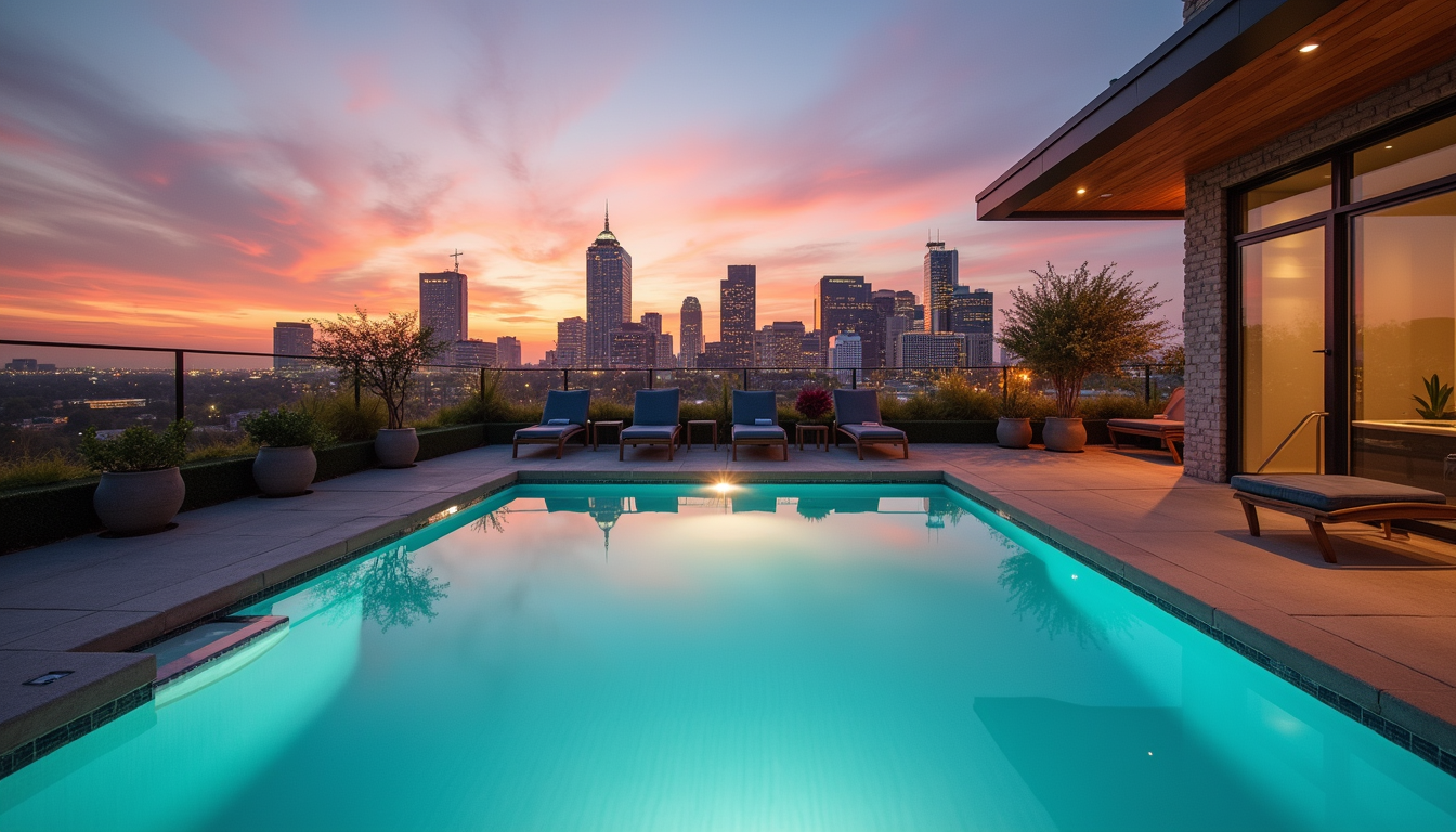 Wide angle view of a rooftop pool overlooking downtown Austin at sunset