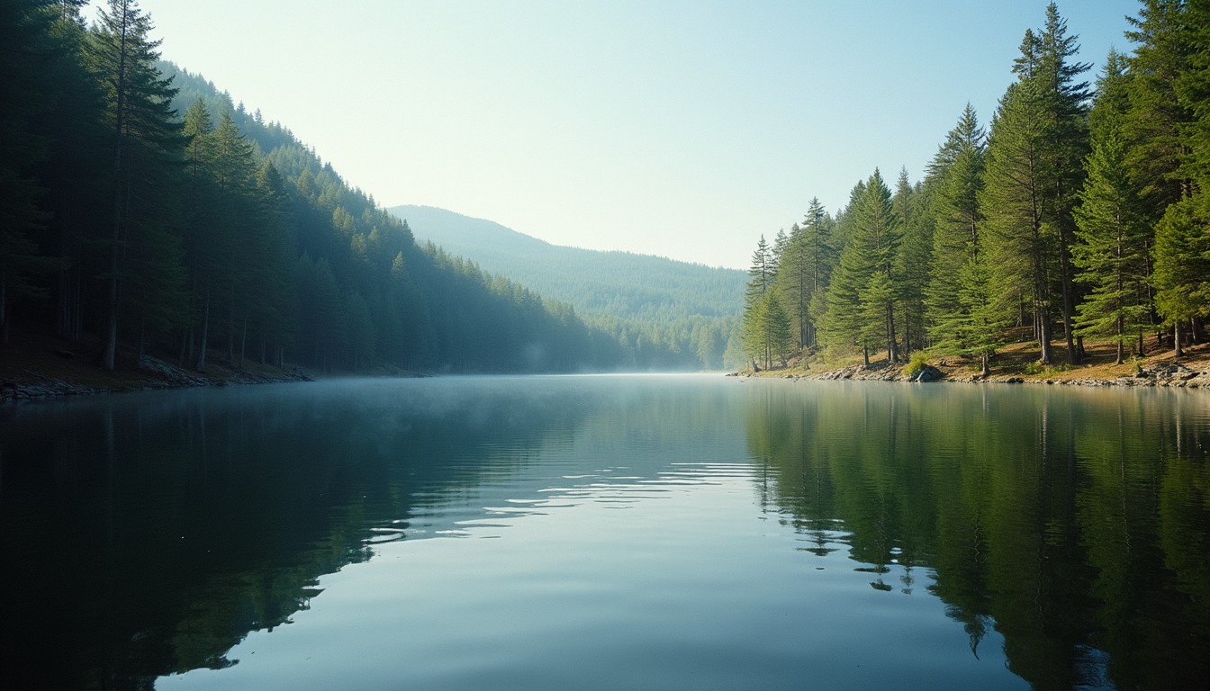 Eye-level view of a serene lake surrounded by pine trees in the Poconos