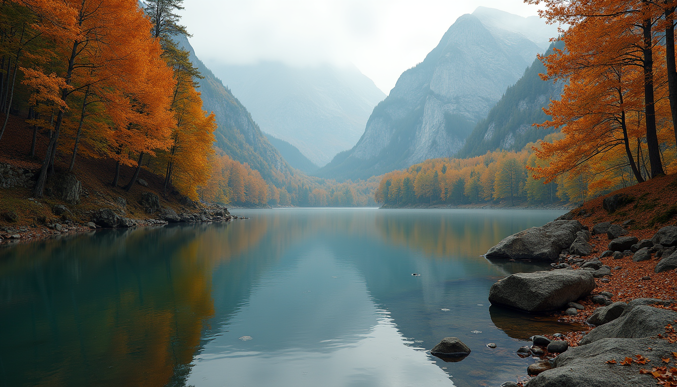 Eye-level view of a serene mountain lake surrounded by autumn trees