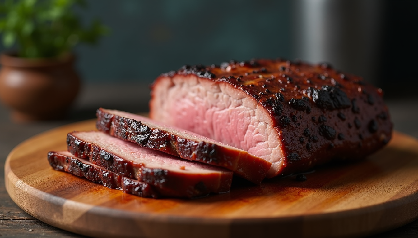 Close-up view of smoked brisket on a wooden board