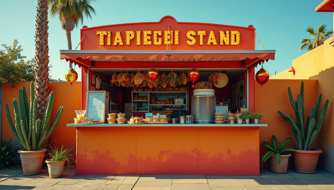 Eye-level view of a colorful taco stand with various taco options