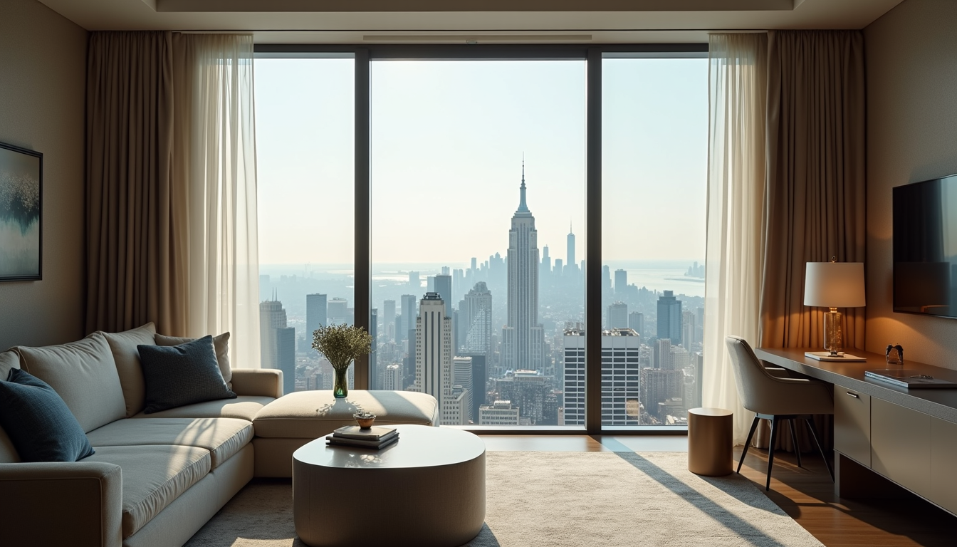 Eye-level view of a modern luxury hotel room with city skyline through large windows