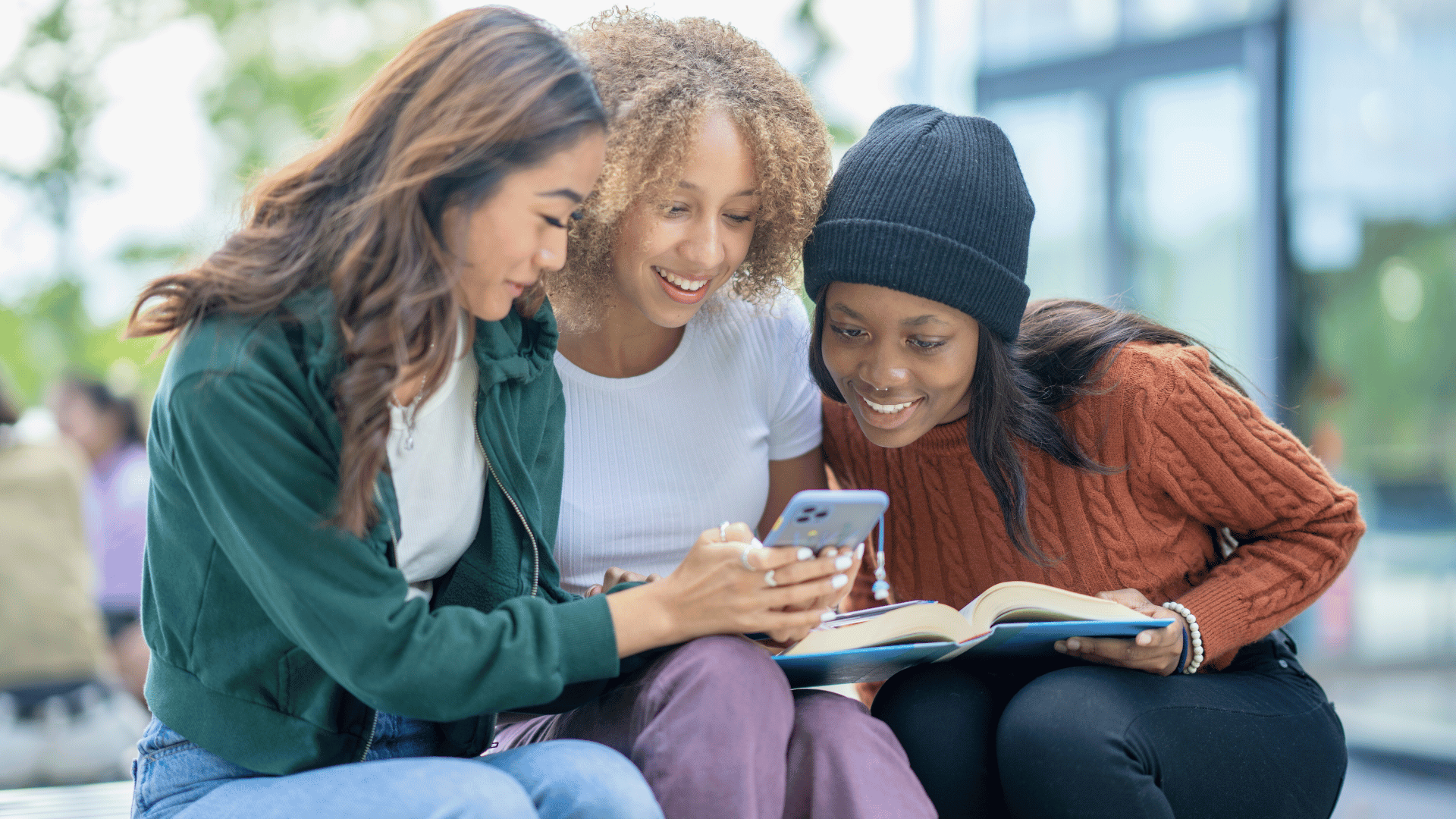 Group of friends browsing social media to look for a vacation rental