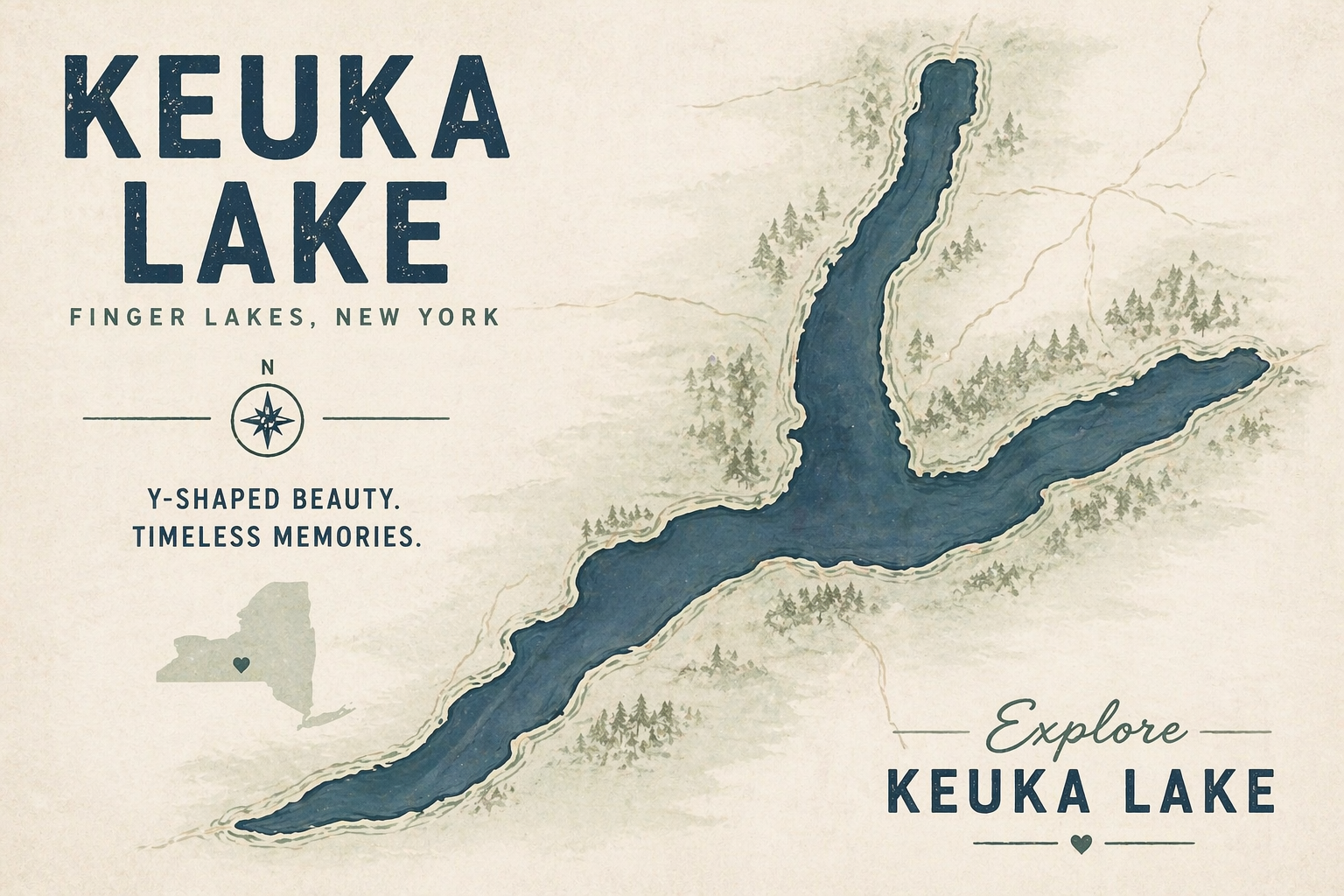 Vintage map illustration of Keuka Lake in the Finger Lakes NY, featuring its unique Y-shaped layout, surrounding landscape, and geographic detail in a clean, minimalist design.