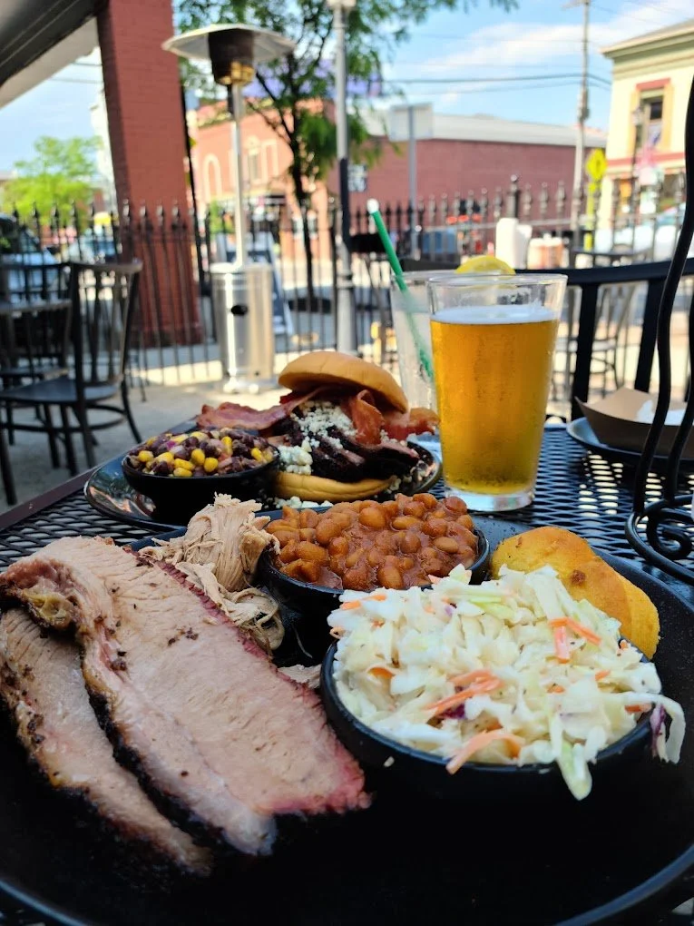 Nickels Pit BBQ PLatter and Beer on Patio.jpg