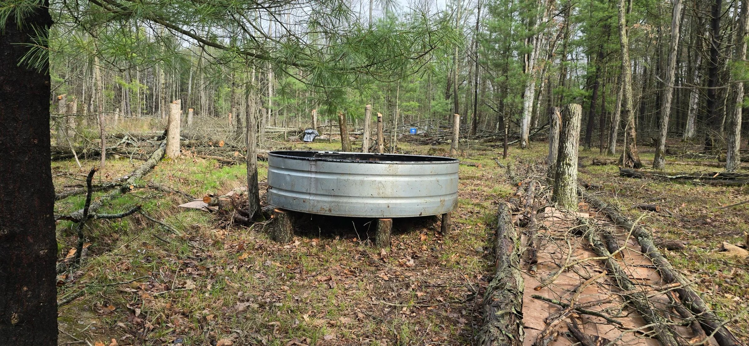 Temporary farm irrigation tank surrounded by raised orchard rows using logs and cardboard