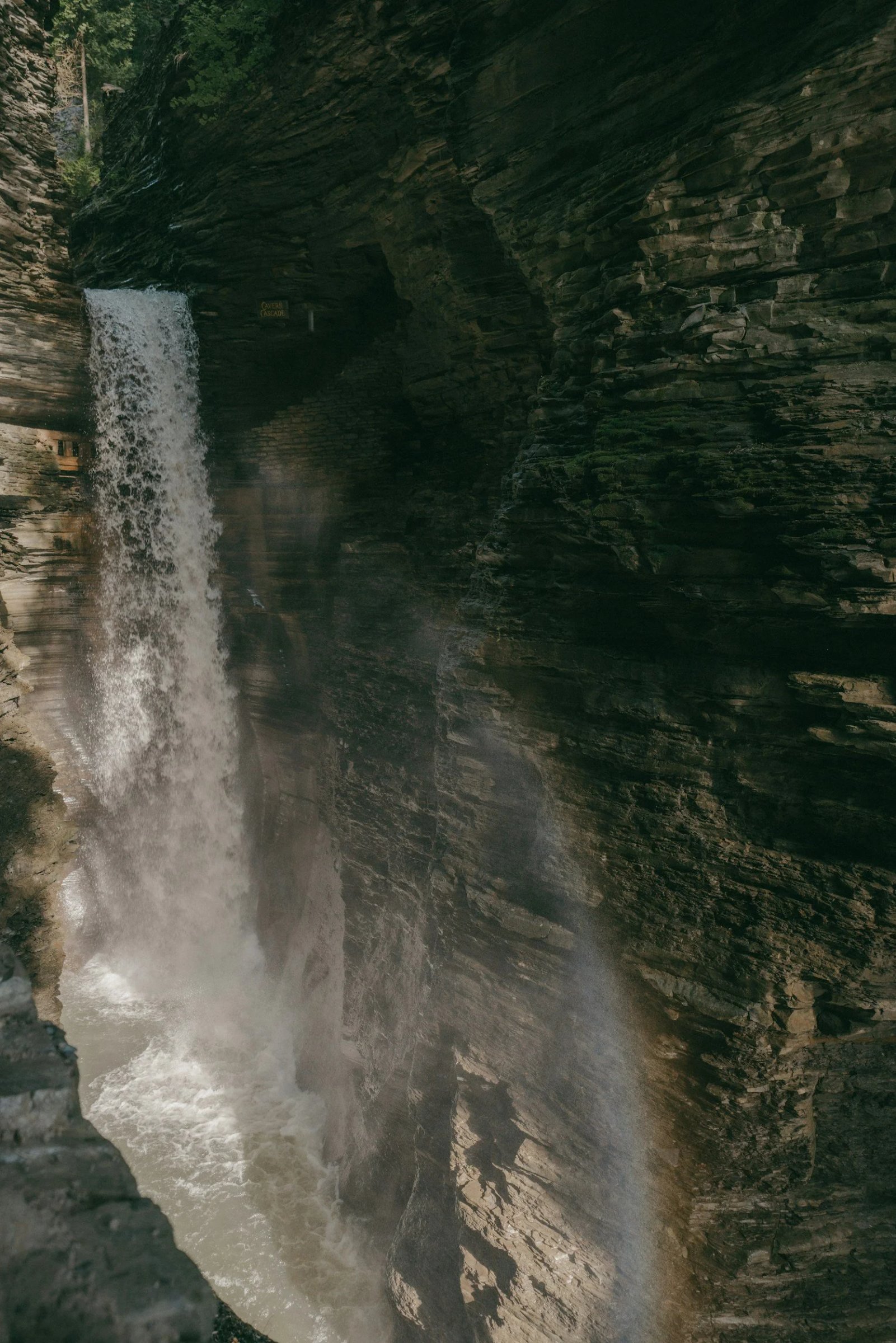 Watkins Glen Waterfall cascading gracefully over moss-covered rocks, surrounded by lush greenery and steep cliffs in Watkins Glen State Park, Finger Lakes. The pristine water flows into a serene pool, creating a picturesque and tranquil natural scene