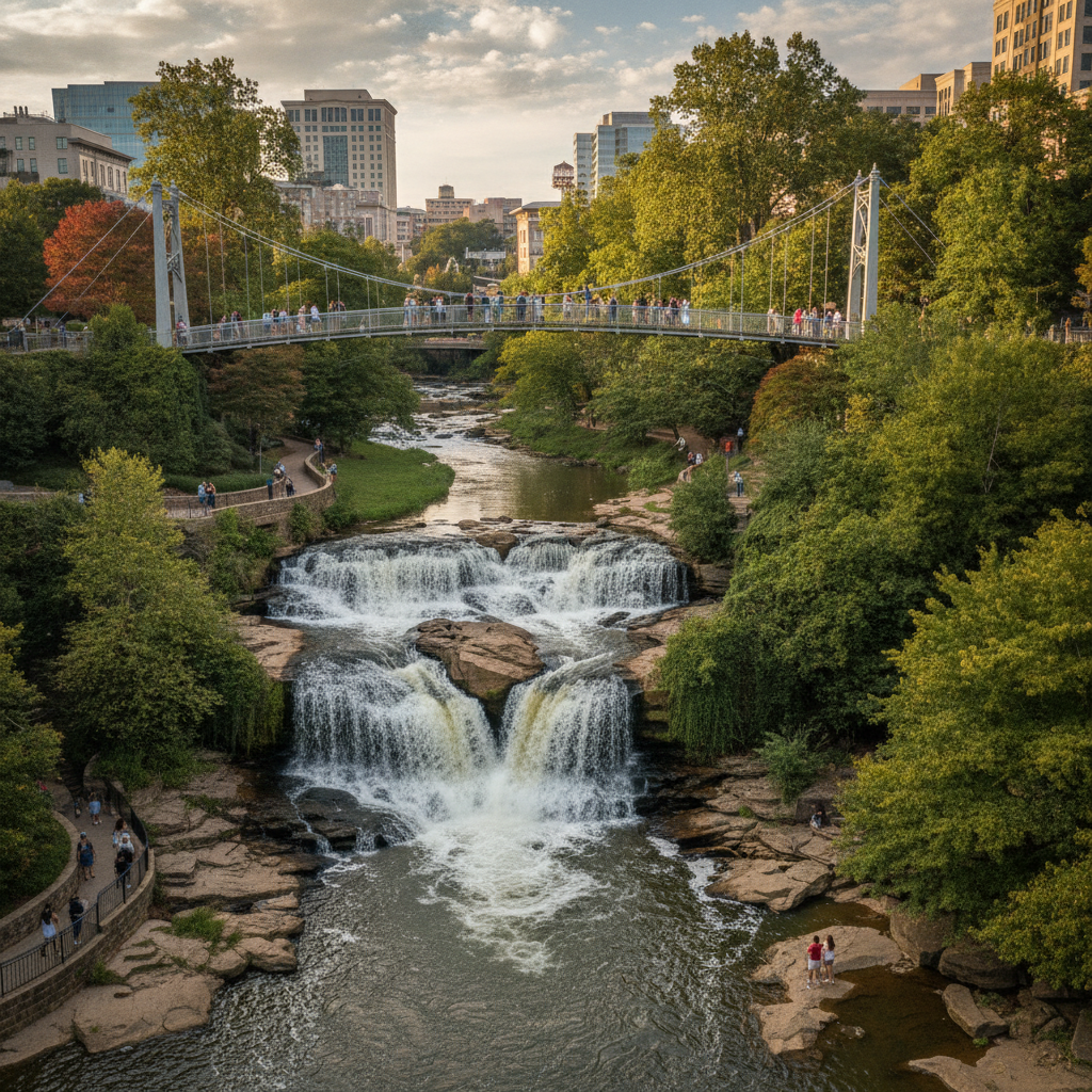 The Reedy River waterfall and the curved Liberty Bridge in Falls Park on the Reedy, downtown Greenville, South Carolina