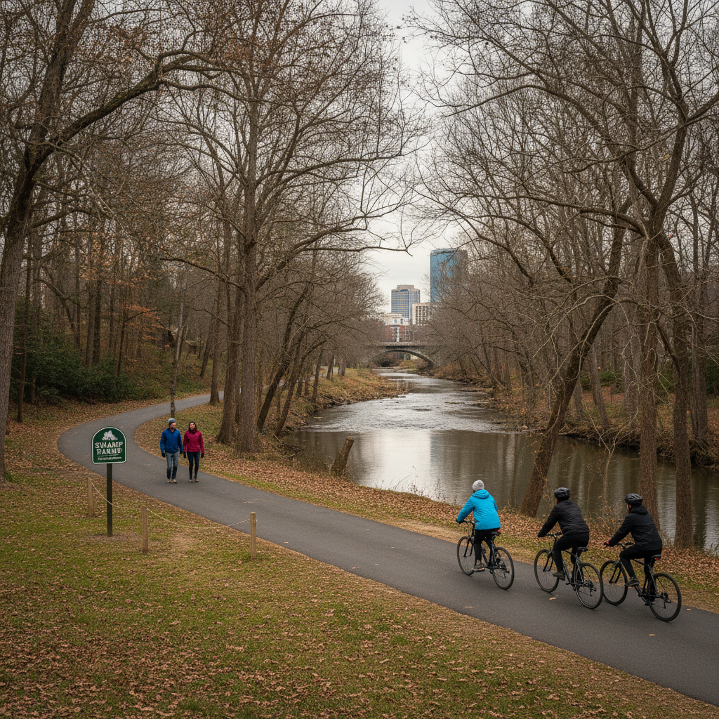 Walkers and cyclists on the Swamp Rabbit Trail greenway beside the Reedy River in Greenville, South Carolina, with bare winter trees
