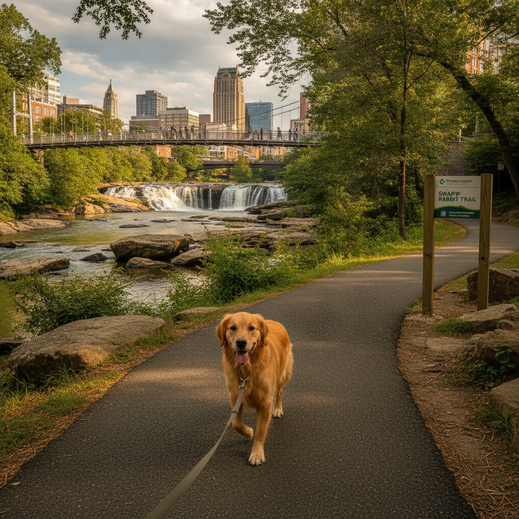 A dog on the paved Prisma Health Swamp Rabbit Trail near Falls Park on the Reedy in downtown Greenville