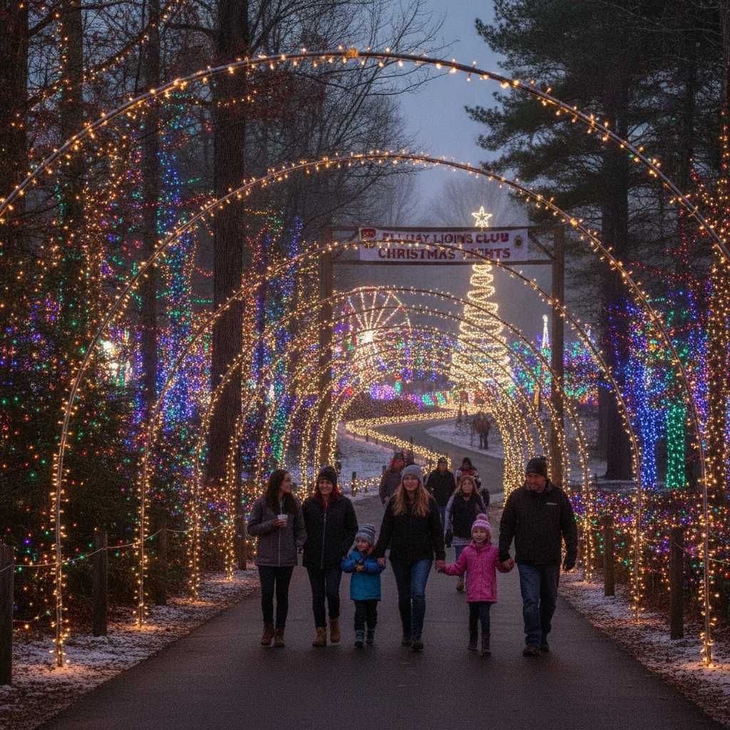 Walk-through Christmas light display at the Ellijay Lions Club Fairgrounds in December, with lit arches and trees