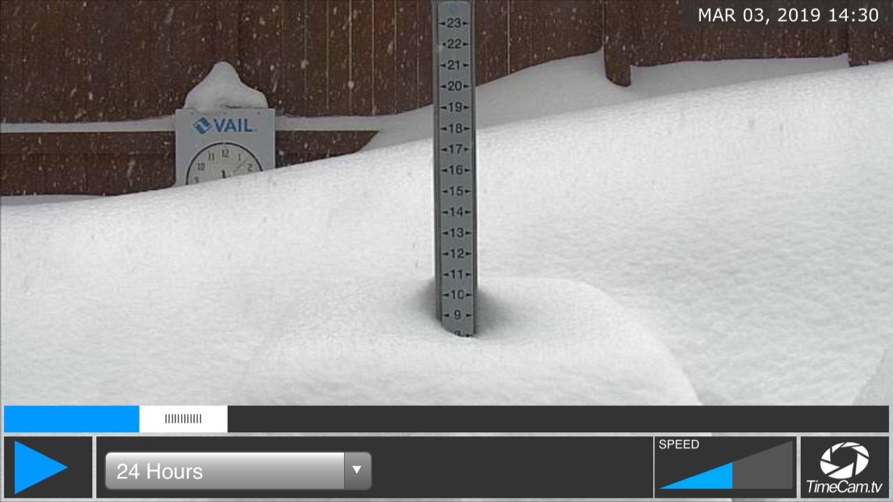 Snowstake cam with snow piled high