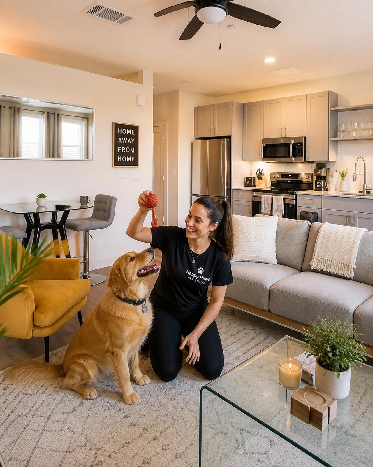 A professional pet sitter playing with a dog in a fully furnished PBD Living apartment