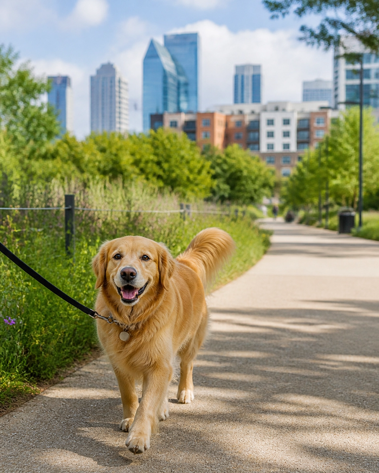 A dog being walked along the lush Katy Trail in Dallas