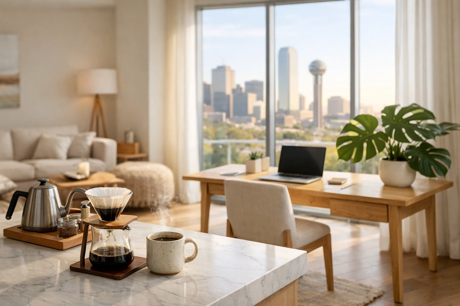 Serene home office and coffee bar in a Dallas mid-term rental apartment for relocating professionals.