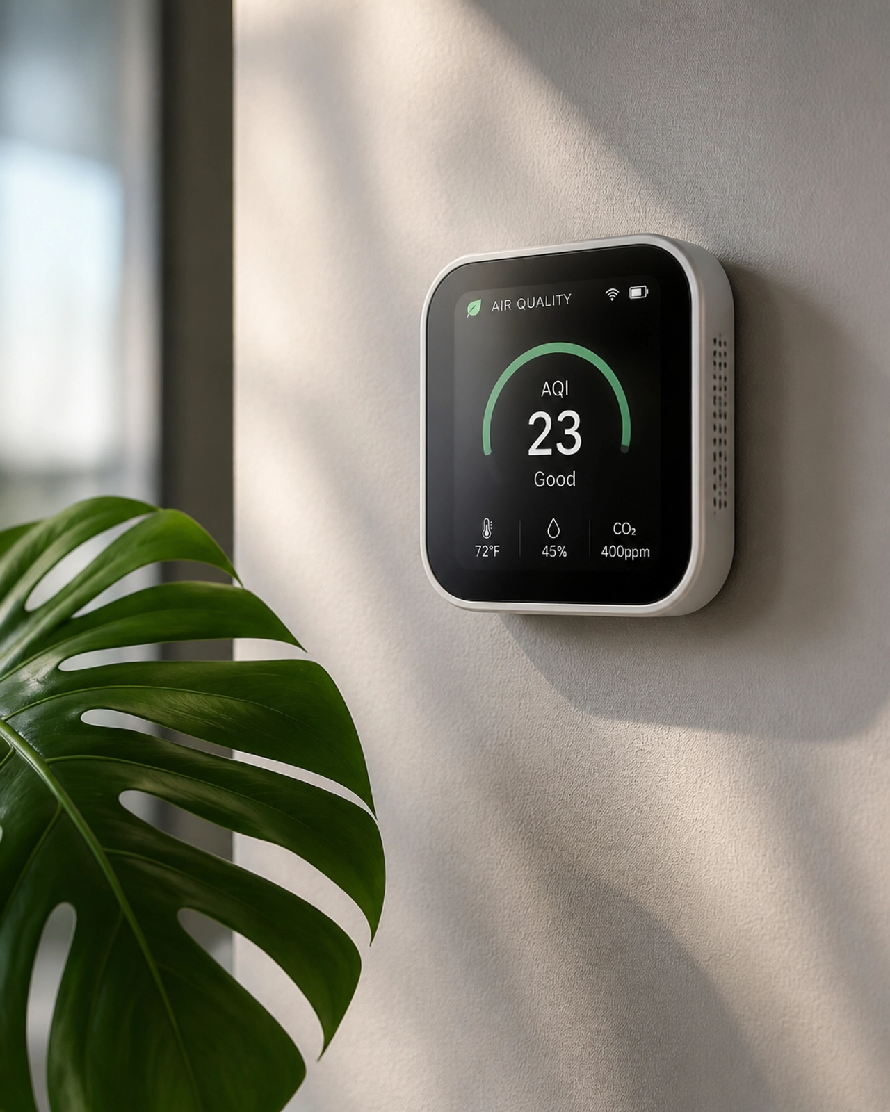 A close-up of a modern environmental sensor on a clean apartment wall next to a green plant