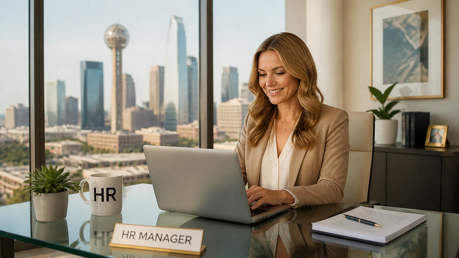 A professional HR manager smiling in a bright, modern Dallas office with a skyline view.