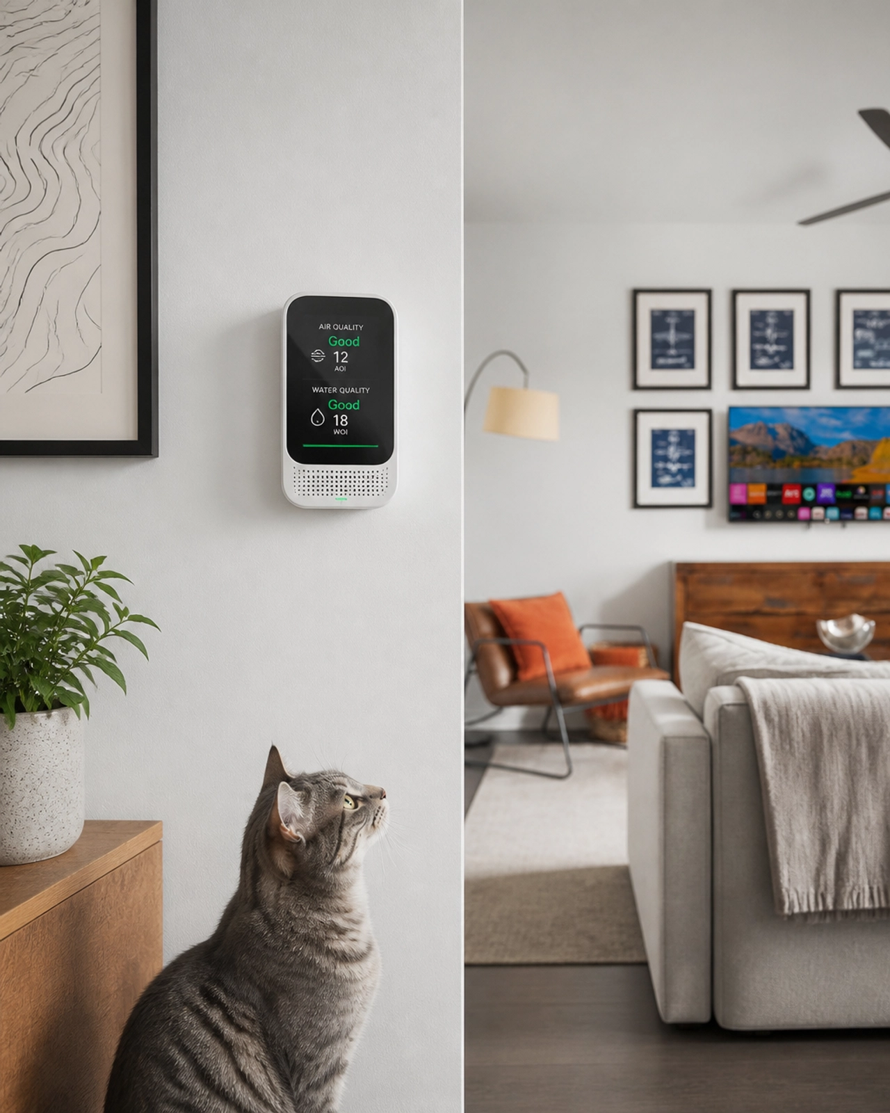 A modern air quality sensor in a PBD Living apartment with a curious cat