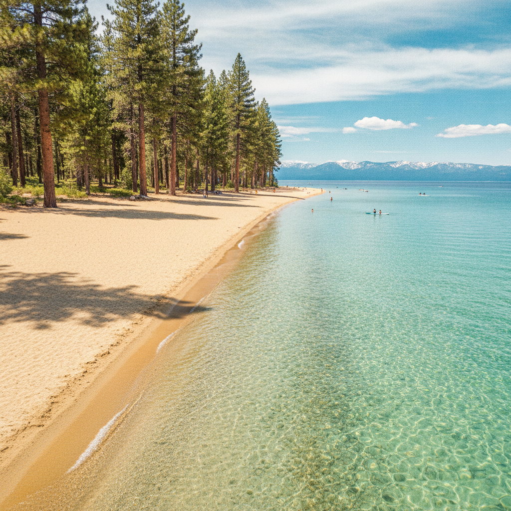 Sandy shoreline and clear shallow water at Pope Beach on the south shore of Lake Tahoe in summer, pine trees behind the sand