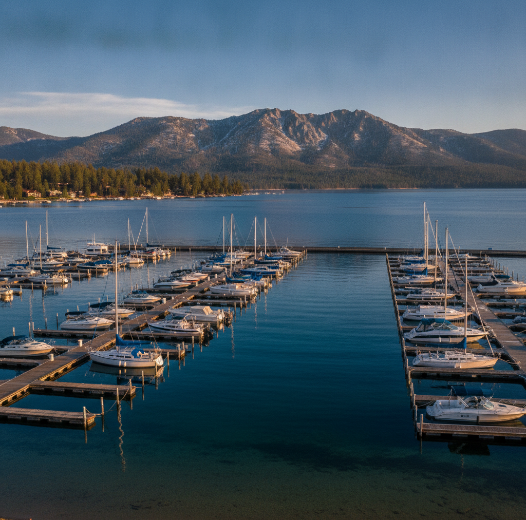 Boats moored at Tahoe Keys Marina in South Lake Tahoe with the Sierra ridgeline in the background