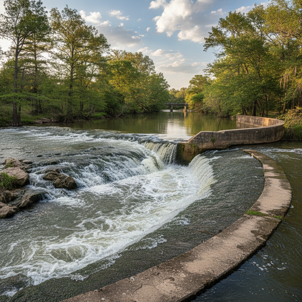 Cottonseed Rapids on the San Marcos River near Martindale, Texas, with the old concrete dam visible on river right