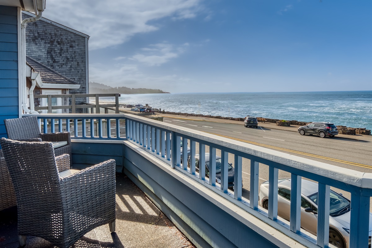 Oceanfront living room views at Whale's Paradise in Depoe Bay