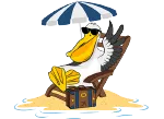 A pelican is sitting on a beach chair under an umbrella.
