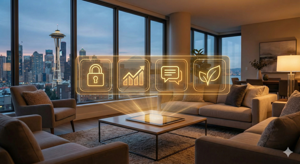 A modern high-rise short-term rental living room in Seattle at dusk with the Space Needle visible through the window, featuring glowing Mandalay gold digital icons for smart locks, dynamic pricing, automated messaging, and sustainability.