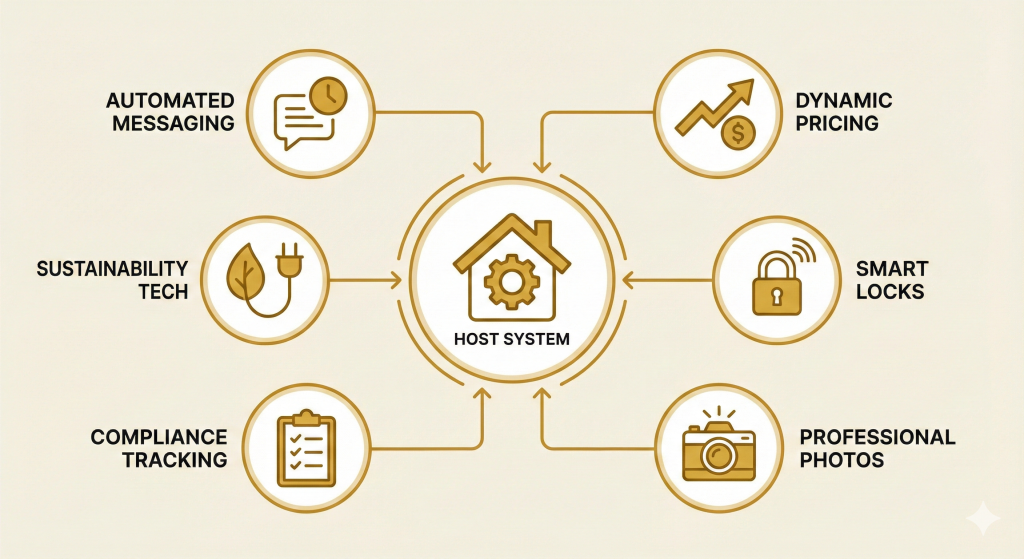 A professional tech stack diagram for short-term rental hosts using Book It brand colors, showing a central 'Host System' connected to automated messaging, dynamic pricing, smart locks, professional photos, compliance tracking, and sustainability tech.