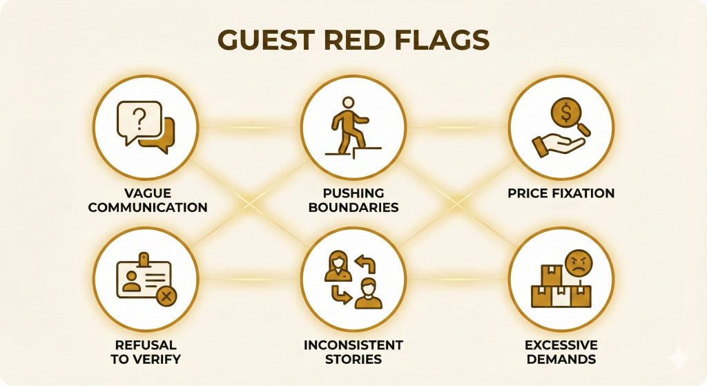 A guest screening checklist infographic in Book It brand colors, highlighting key red flags: vague communication, boundary pushing, price fixation, and refusal of verification.